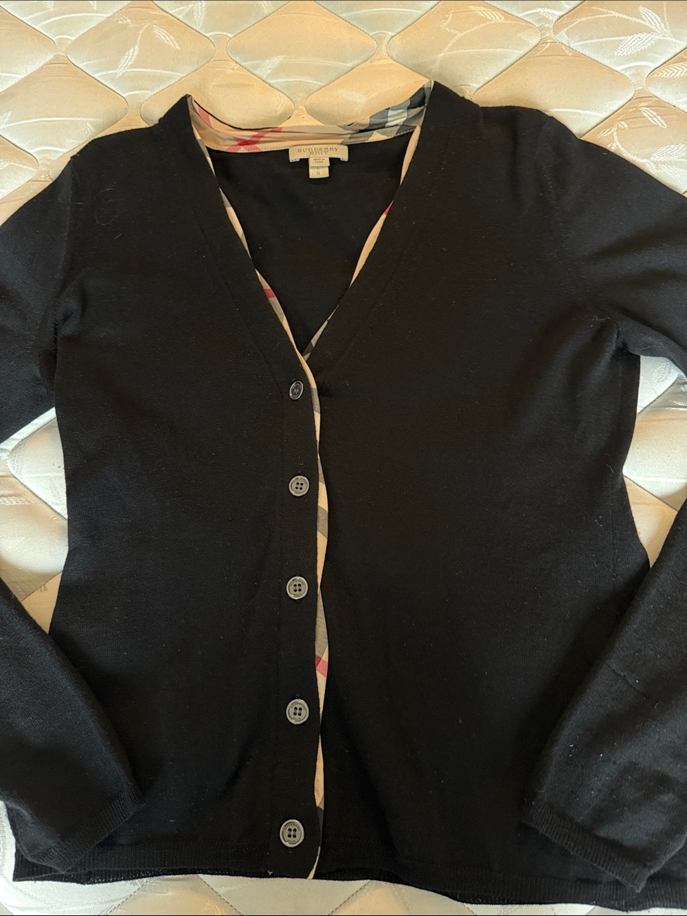 Burberry Brit Merino Wool V Neck Black Cardigan Sweater with Nova Check Accents.